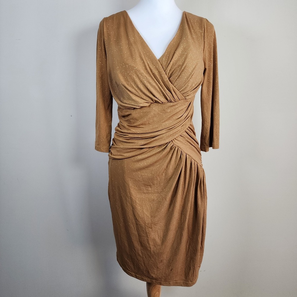 Gold Ruched Bodycon‎ Dress Womens 2 Shimmer Stretch Formal Event Prom Grad Party